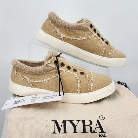 MYRA BAG Fancy Tan Canvas Faux Fur Lined Slip On Sneakers Casual Shoes 7 NWT - Picture 3 of 11